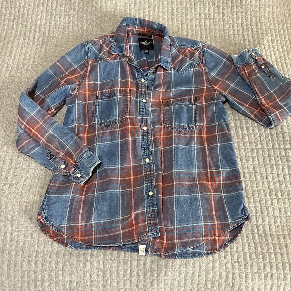 American Eagle 100% Cotton Boyfriend Plaid Button-Up Shirt Blue Red Size L Gpa